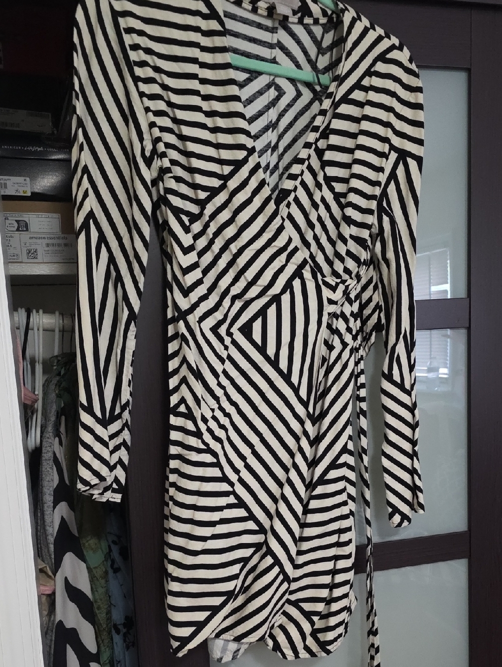 H&M Black and White Long Sleeve Striped Wrap Dress
